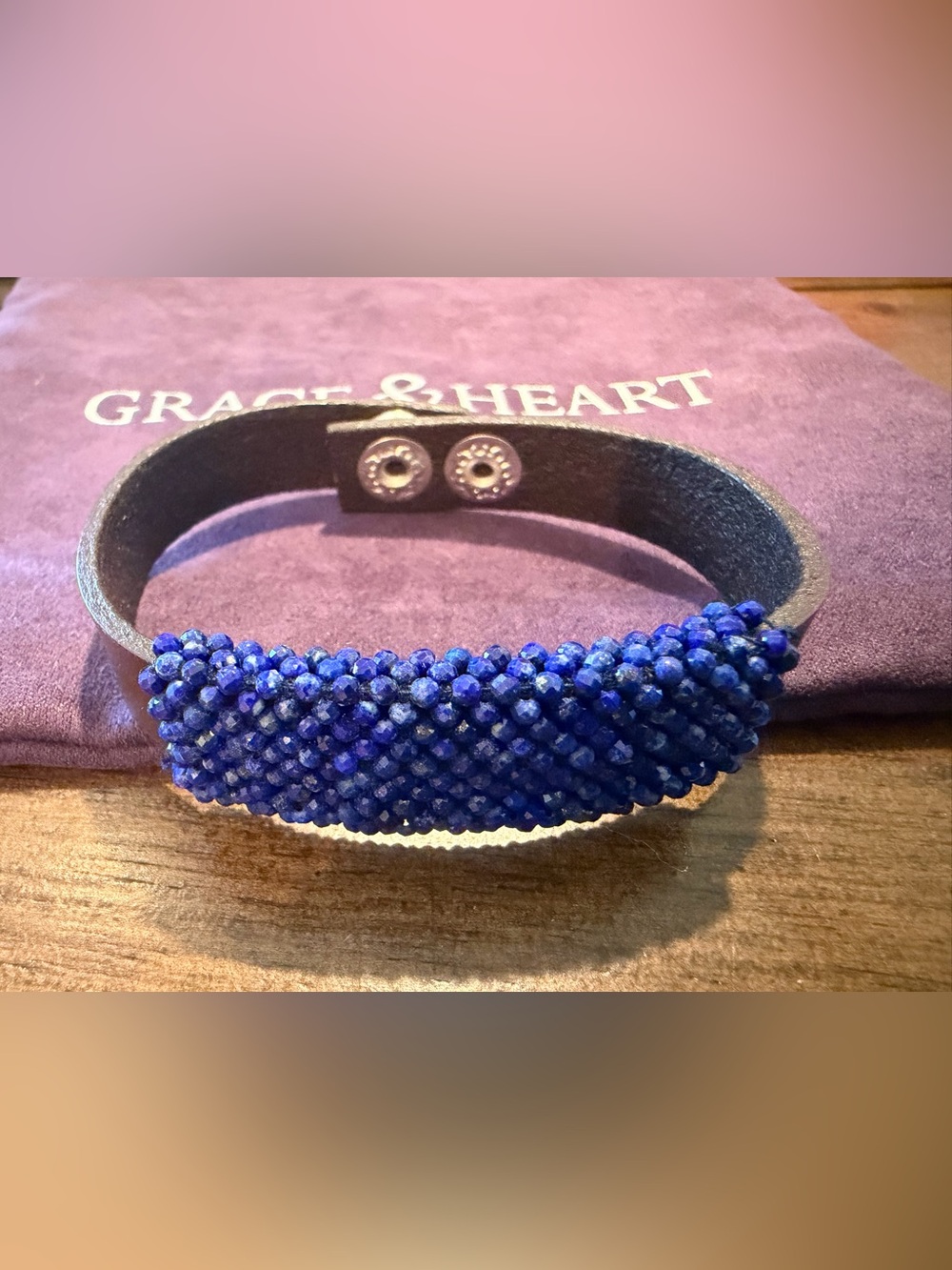 Grace & Heart G&H Blue Beaded Leather Bracelet PROMO Adjustable 2 Snap NEW